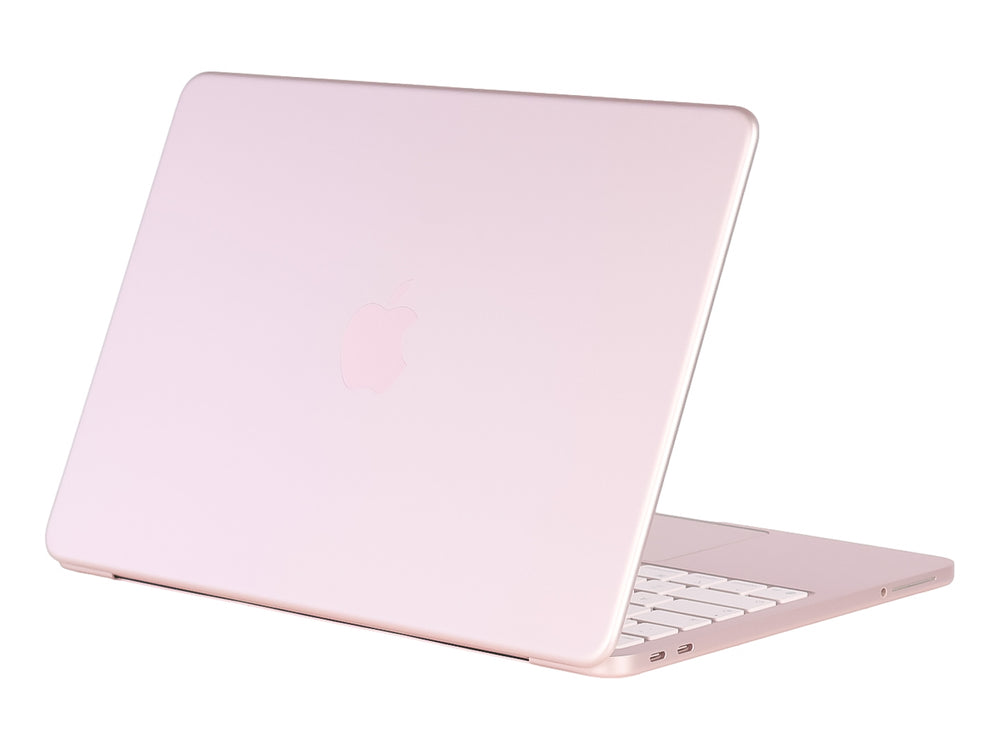 Laptop Apple MacBook Neo de color rosa con pantalla negra y teclado blanco sobre fondo blanco.