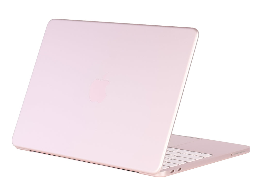 Laptop Apple MacBook Neo de color rosa con pantalla negra y teclado blanco sobre fondo blanco.