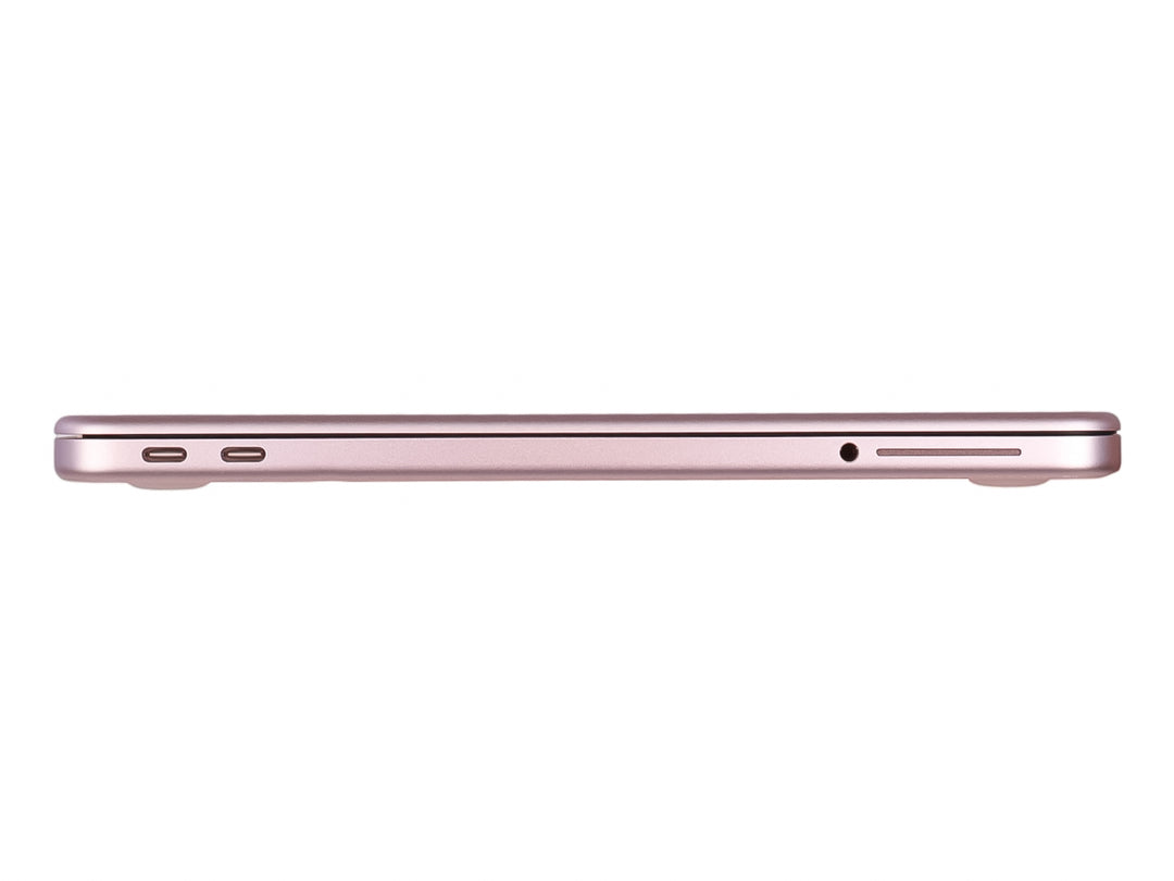 Laptop Apple MacBook Neo de color rosa con pantalla negra y teclado blanco sobre fondo blanco.