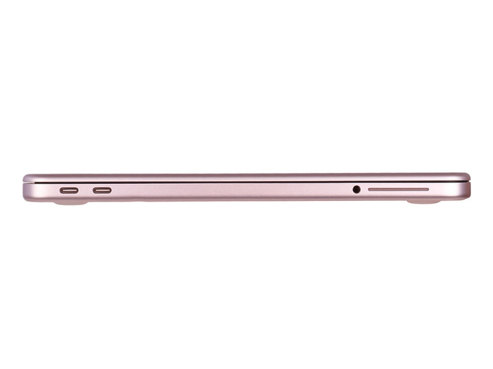 Laptop Apple MacBook Neo de color rosa con pantalla negra y teclado blanco sobre fondo blanco.