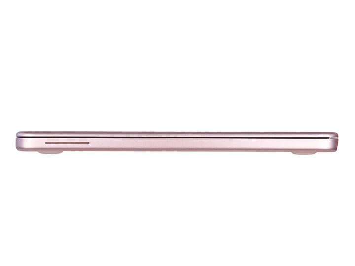 Laptop Apple MacBook Neo de color rosa con pantalla negra y teclado blanco sobre fondo blanco.