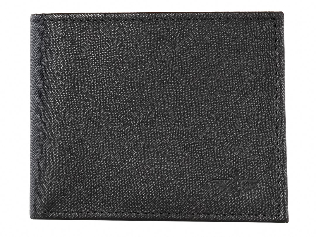 Cartera Dockers de color negro con textura de cuero graneado y diseño rectangular.