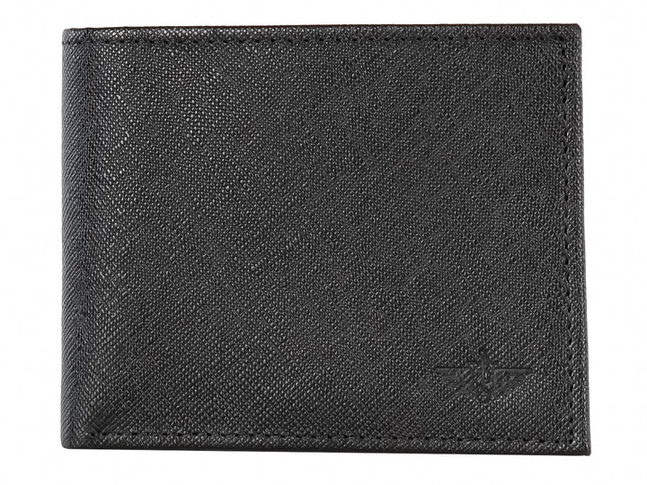 Cartera Dockers de color negro con textura de cuero graneado y diseño rectangular.