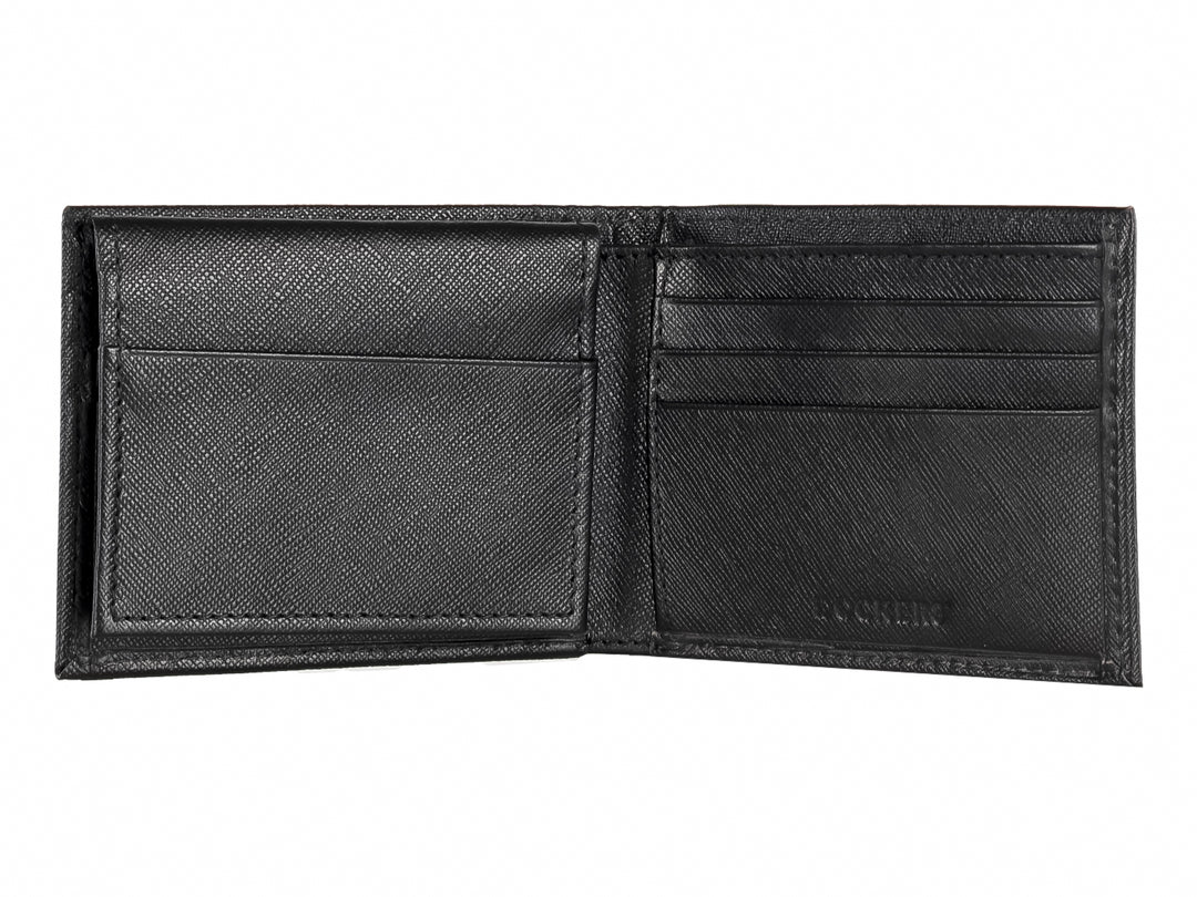 Cartera Dockers de color negro con textura de cuero graneado y diseño rectangular.