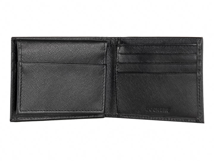 Cartera Dockers de color negro con textura de cuero graneado y diseño rectangular.