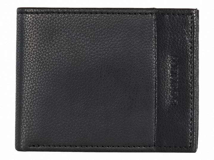 Cartera Dockers de cuero color negro con textura granulada y diseño rectangular.