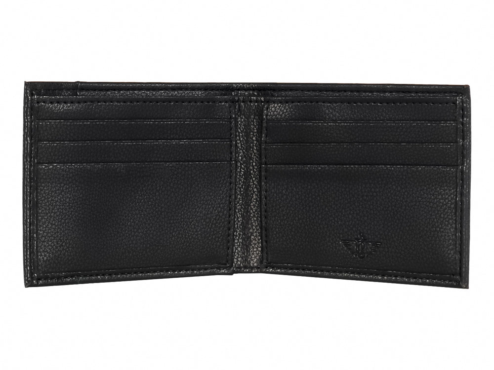 Cartera Dockers de cuero color negro con textura granulada y diseño rectangular.
