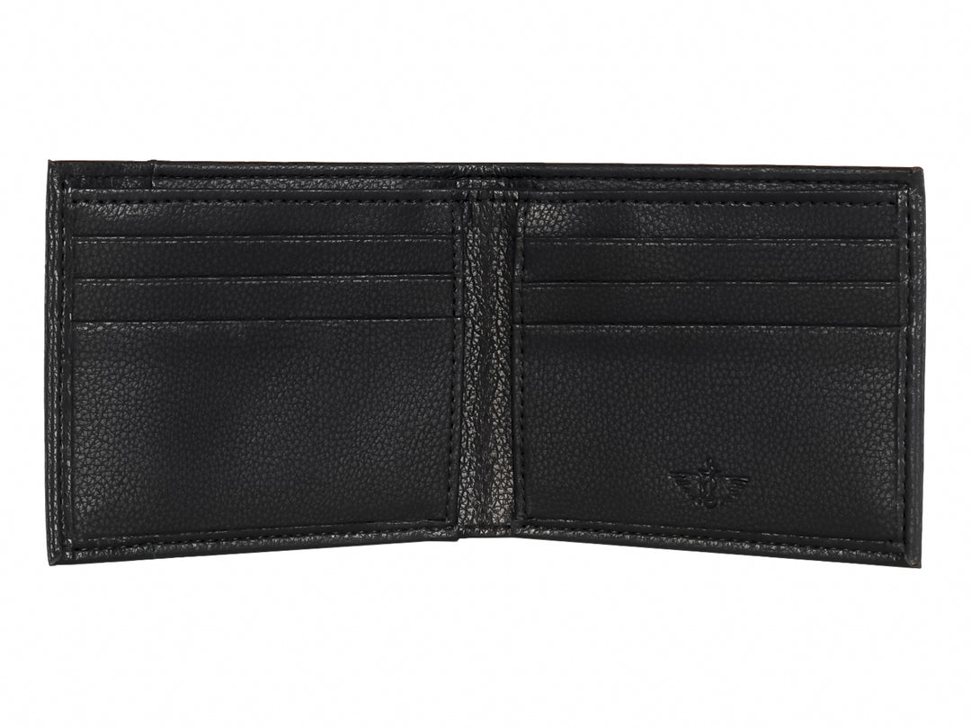 Cartera Dockers de cuero color negro con textura granulada y diseño rectangular.