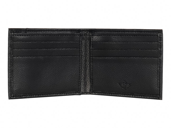 Cartera Dockers de cuero color negro con textura granulada y diseño rectangular.