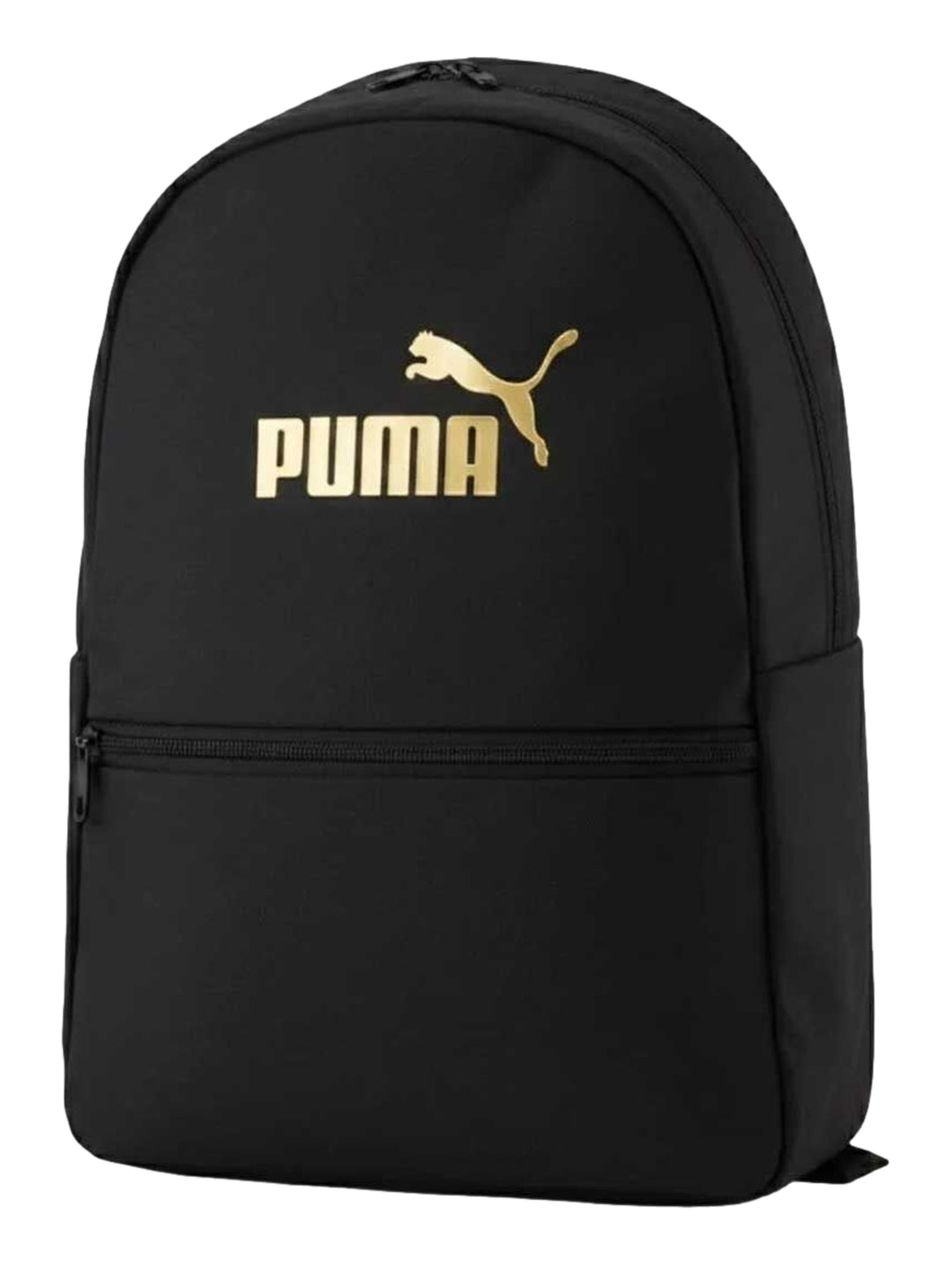 Mochila Puma de color negro con logotipo dorado en la parte frontal y un bolsillo con cierre.