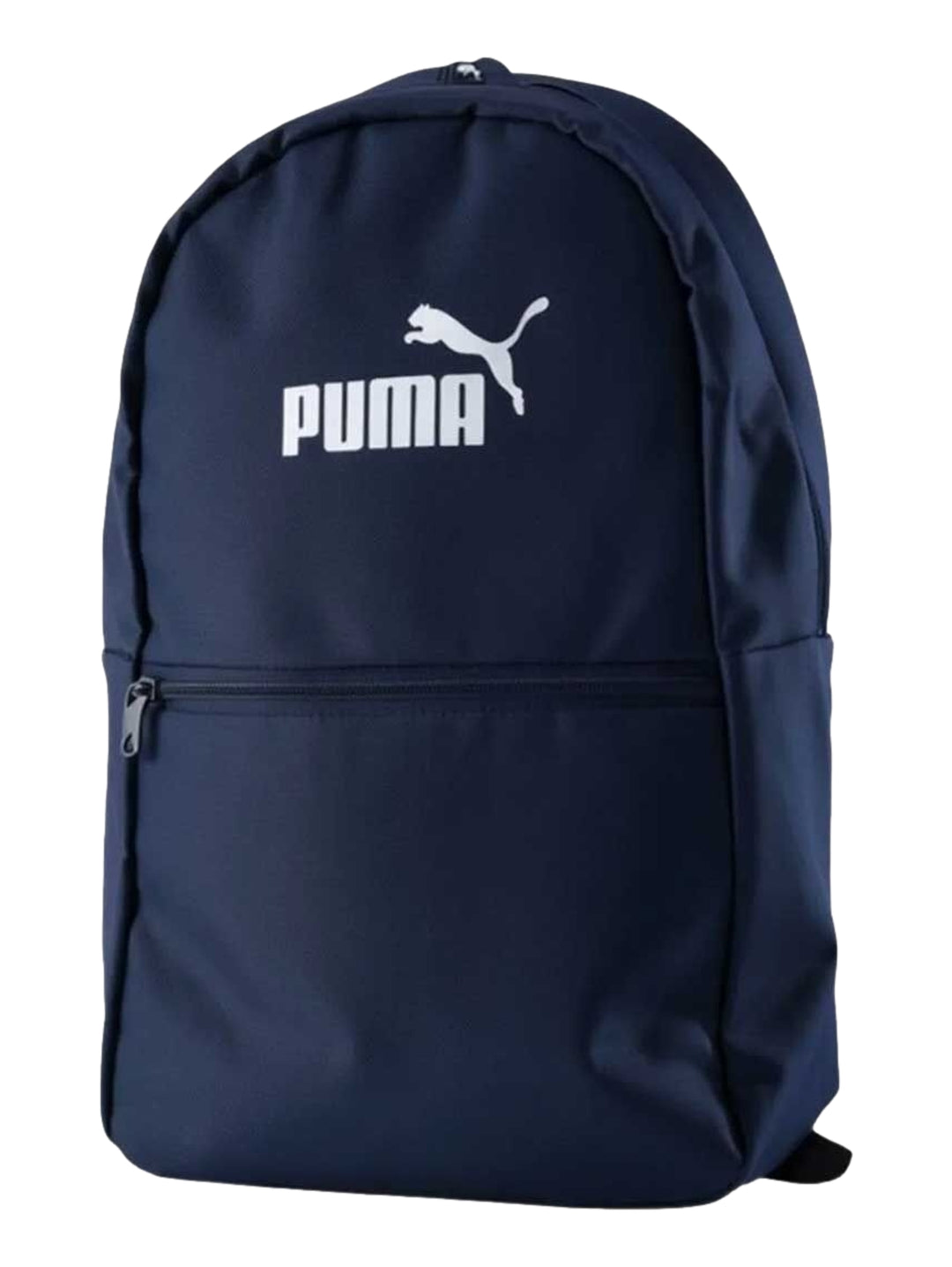 Mochila PUMA color azul marino con logotipo blanco y bolsillo frontal con cierre.
