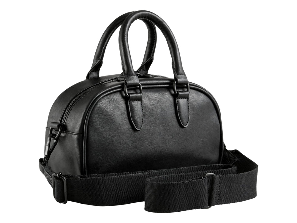 Bolso mini Puma negro con logotipo blanco, asas superiores y correa ajustable.