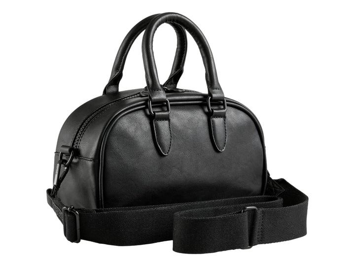 Bolso mini Puma negro con logotipo blanco, asas superiores y correa ajustable.