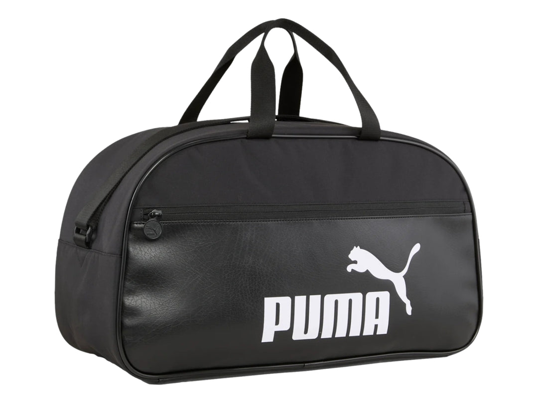 Bolso deportivo Puma de color negro con logotipo blanco en el frente y asas superiores.