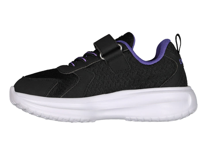 Tenis Charly Road Casual para niña en color negro con suela blanca y detalles en morado.
