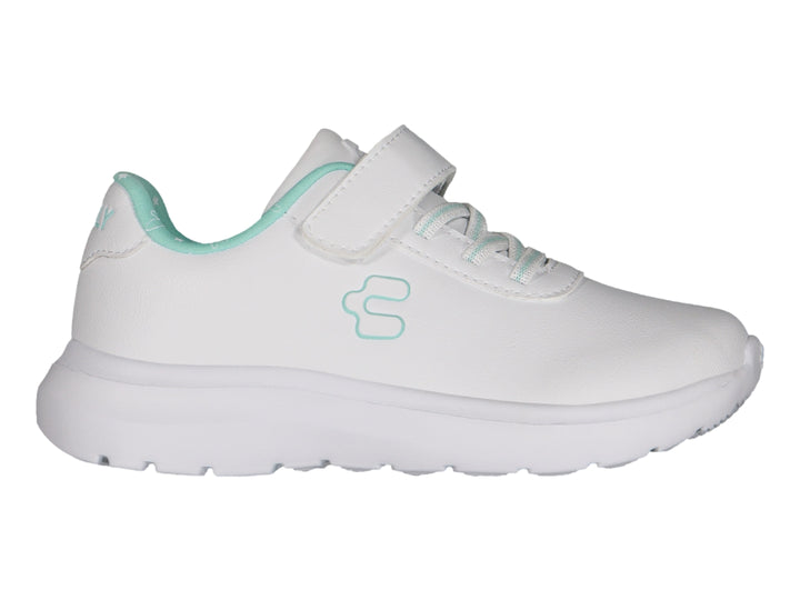 Tenis casuales blancos para niña marca Charly con detalles en verde menta y suela blanca.