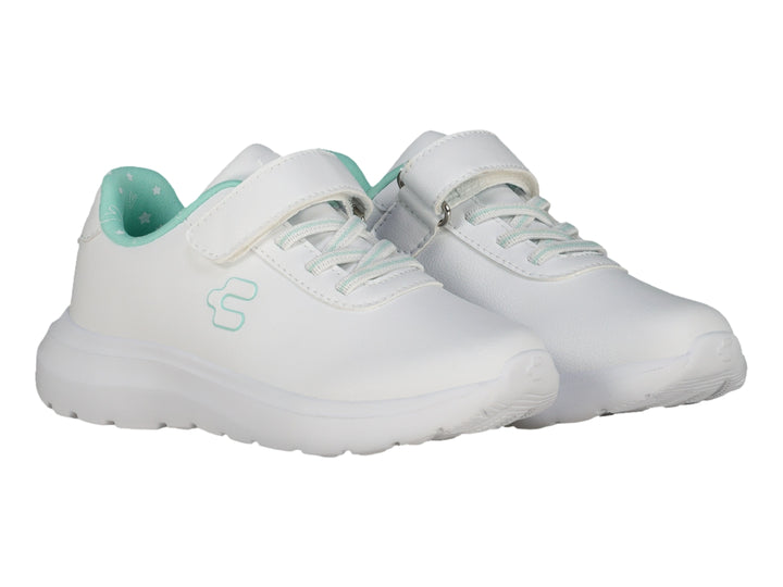 Tenis casuales blancos para niña marca Charly con detalles en verde menta y suela blanca.