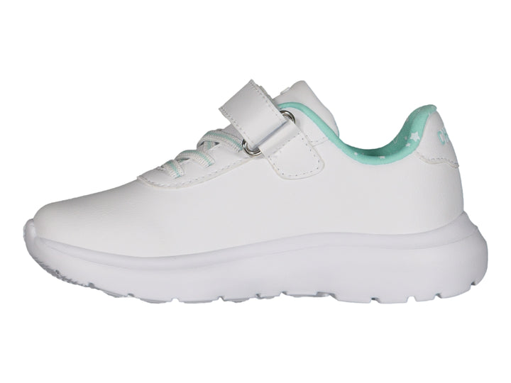 Tenis casuales blancos para niña marca Charly con detalles en verde menta y suela blanca.