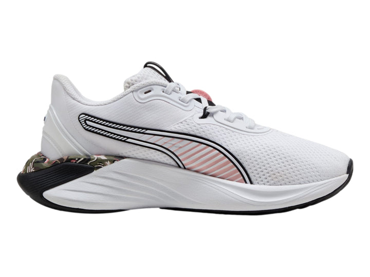 Tenis deportivos PUMA blancos con franjas rosas y suela negra.