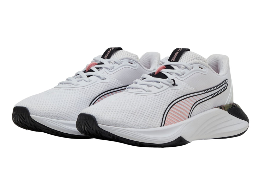 Tenis deportivos PUMA blancos con franjas rosas y suela negra.