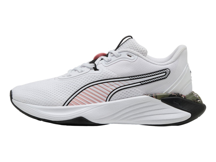 Tenis deportivos PUMA blancos con franjas rosas y suela negra.