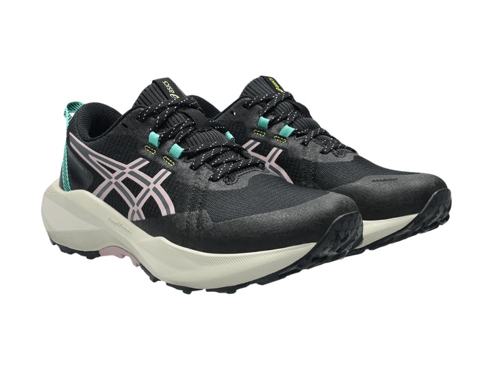 Tenis deportivos ASICS Gel-Venture 11 color negro con detalles rosa y suela blanca.