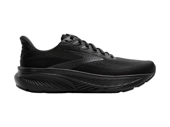 Tenis Brooks Ghost 17 color negro para hombre, vista lateral sobre fondo blanco.