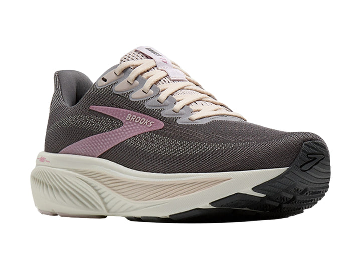 Tenis Brooks Ghost 17 para mujer en color gris oscuro con suela blanca y detalles en rosa.
