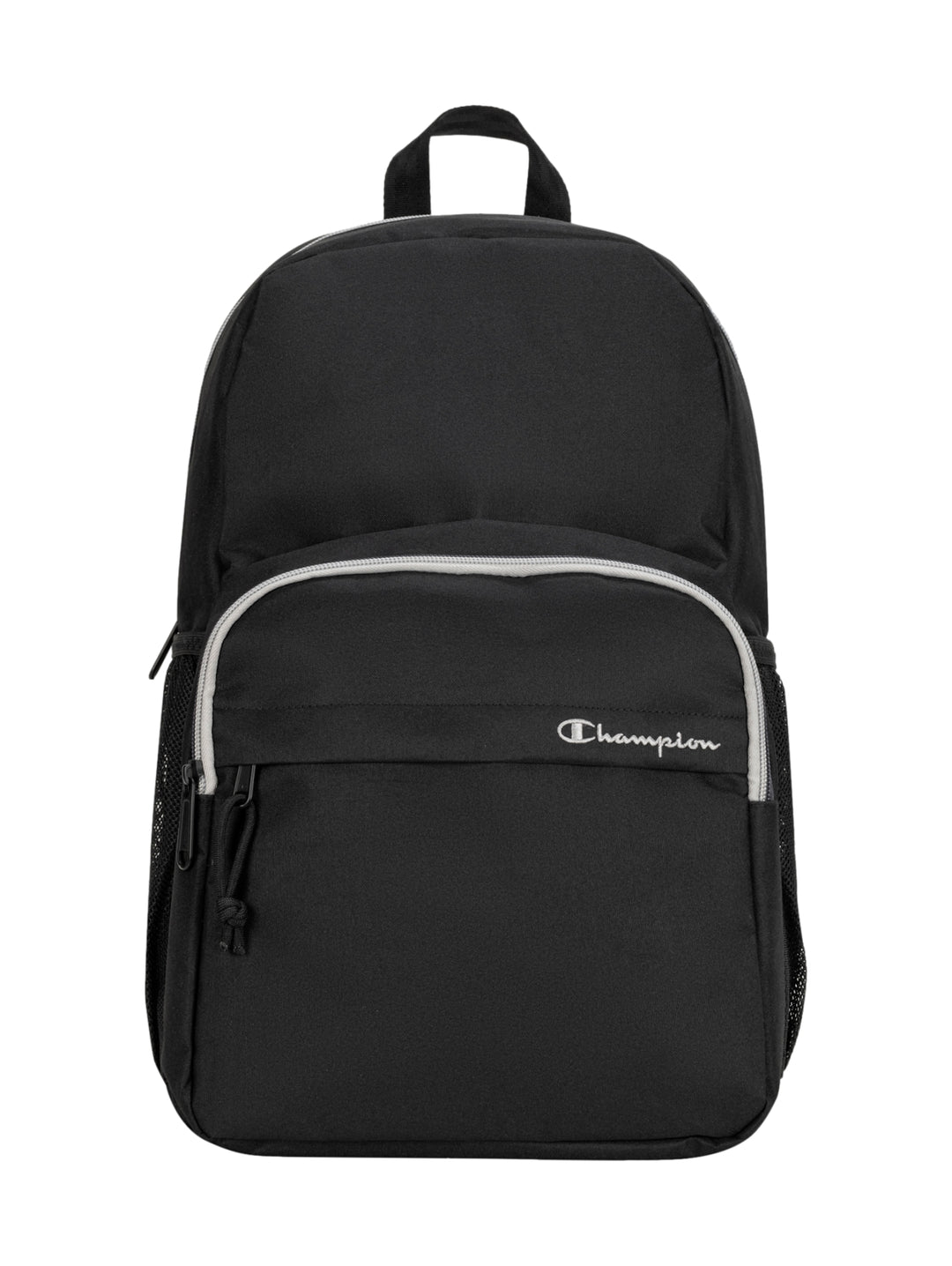 Mochila escolar Champion de color negro con detalles en gris y logotipo blanco frontal.