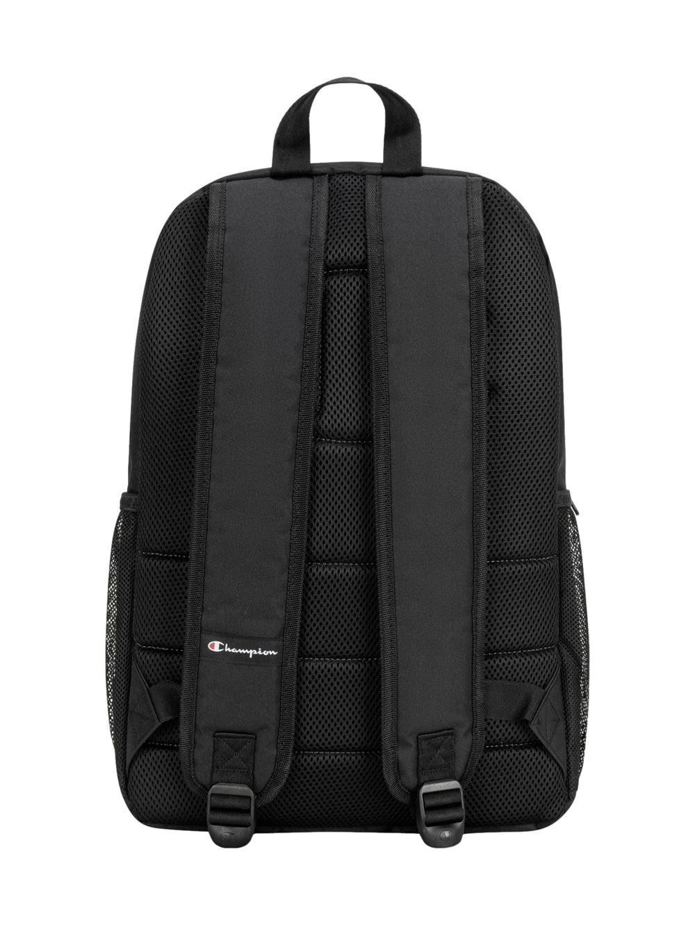 Mochila escolar Champion de color negro con detalles en gris y logotipo blanco frontal.