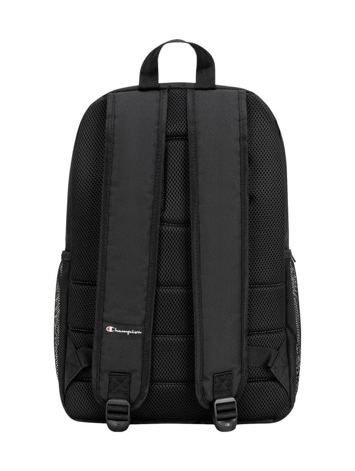 Mochila escolar Champion de color negro con detalles en gris y logotipo blanco frontal.