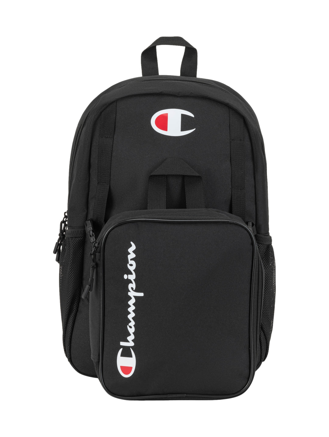 Mochila escolar Champion de color negro con logotipo blanco y rojo en el frente.