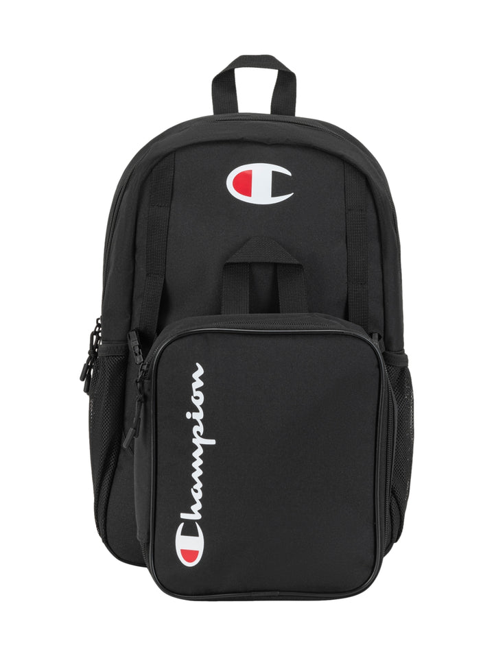 Mochila escolar Champion de color negro con logotipo blanco y rojo en el frente.
