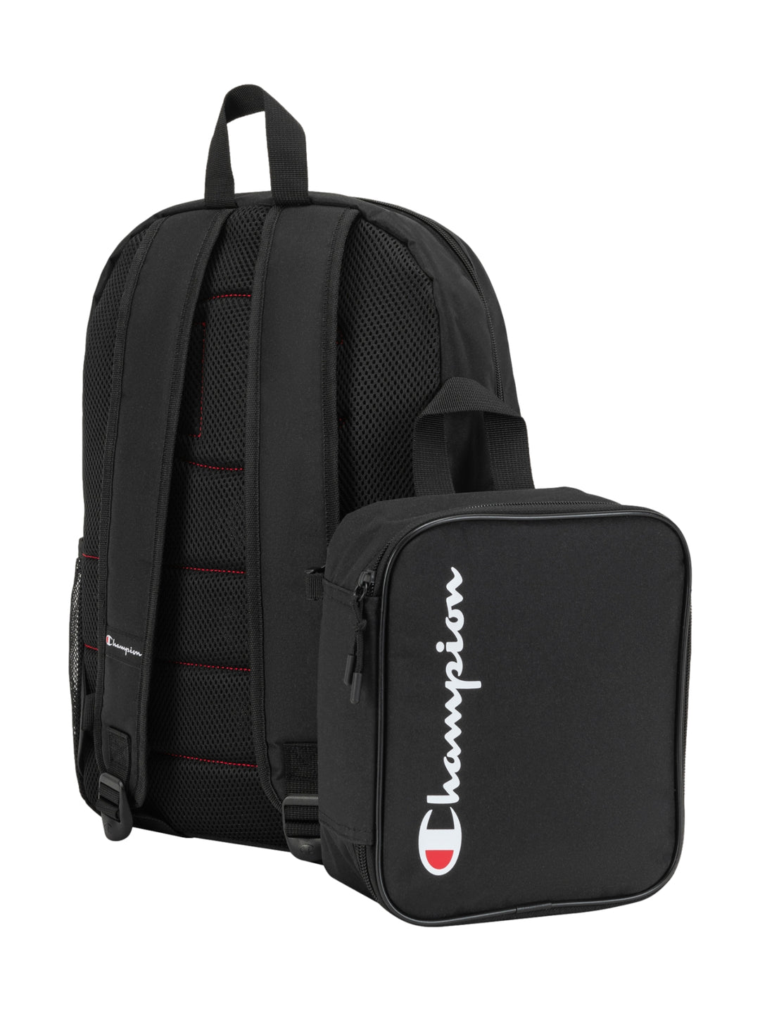 Mochila escolar Champion de color negro con logotipo blanco y rojo en el frente.