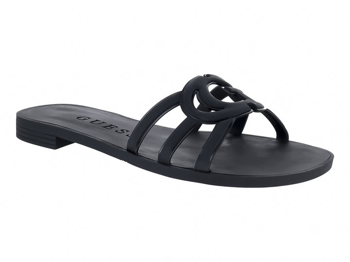 Sandalias planas color negro de la marca GUESS con tiras entrelazadas en la parte superior.