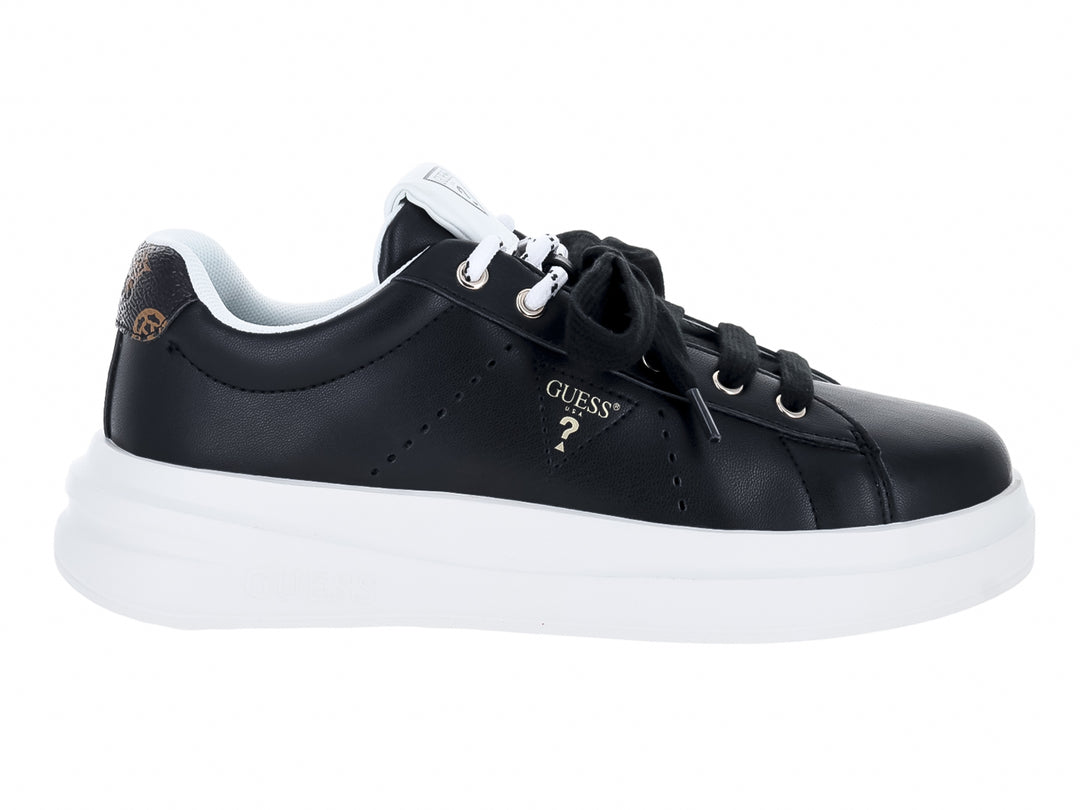 Tenis Guess color negro con suela blanca gruesa y agujetas negras para Mujer.