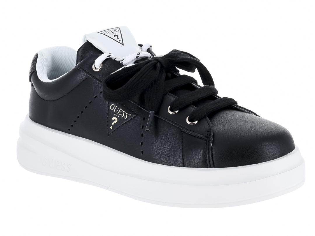 Tenis Guess color negro con suela blanca gruesa y agujetas negras para Mujer.
