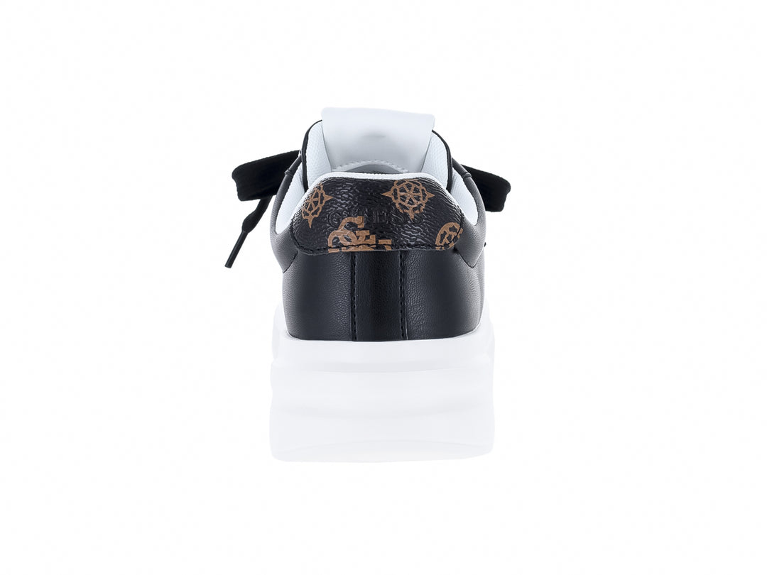 Tenis Guess color negro con suela blanca gruesa y agujetas negras para Mujer.