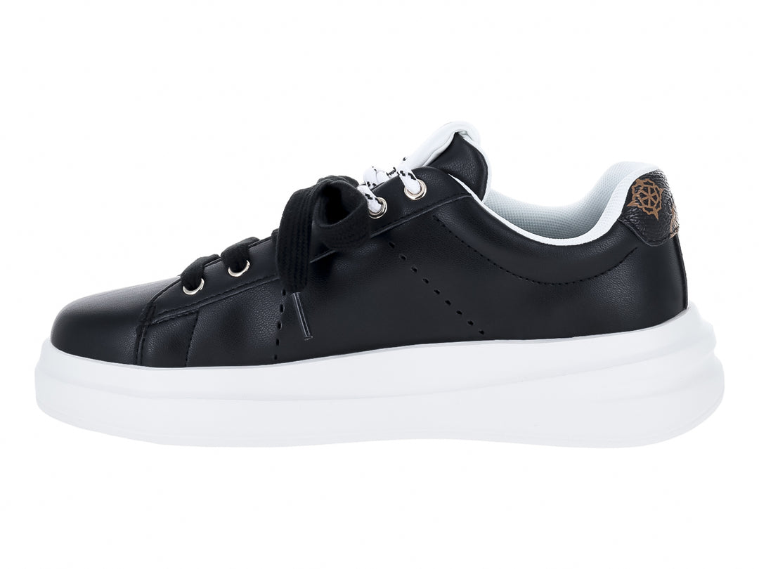 Tenis Guess color negro con suela blanca gruesa y agujetas negras para Mujer.