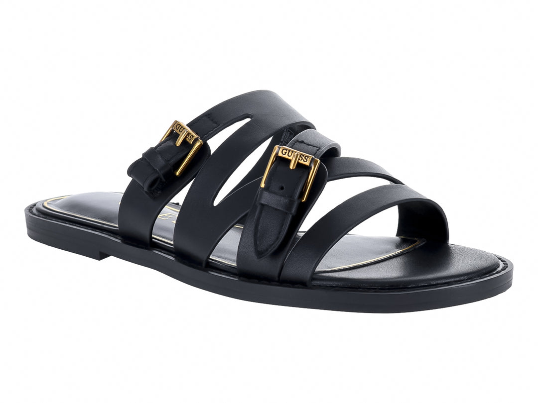 Sandalias planas negras con tiras y hebillas doradas de la marca GUESS.