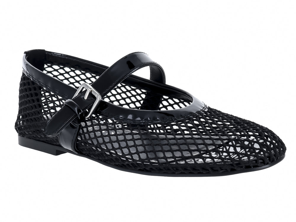 Zapatos planos tipo ballerinas Guess en color negro con acabado brillante y diseño de malla perforada.
