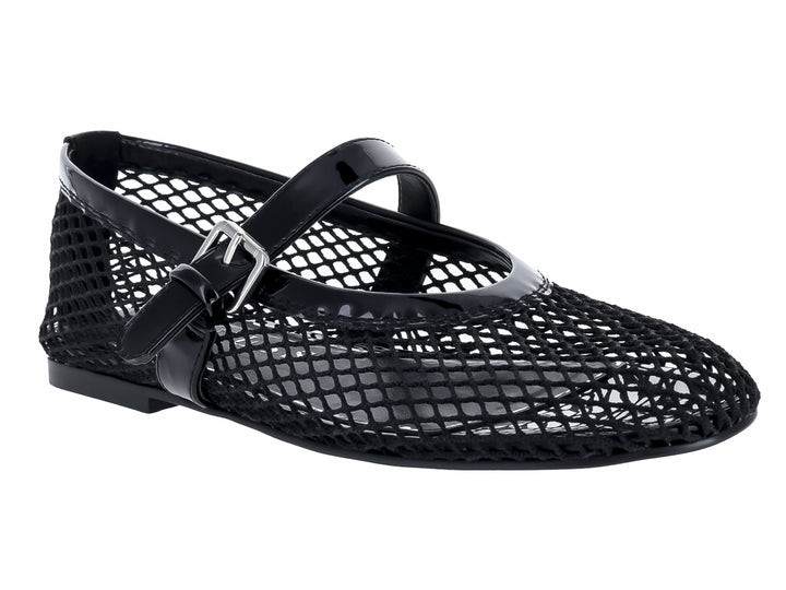 Zapatos planos tipo ballerinas Guess en color negro con acabado brillante y diseño de malla perforada.