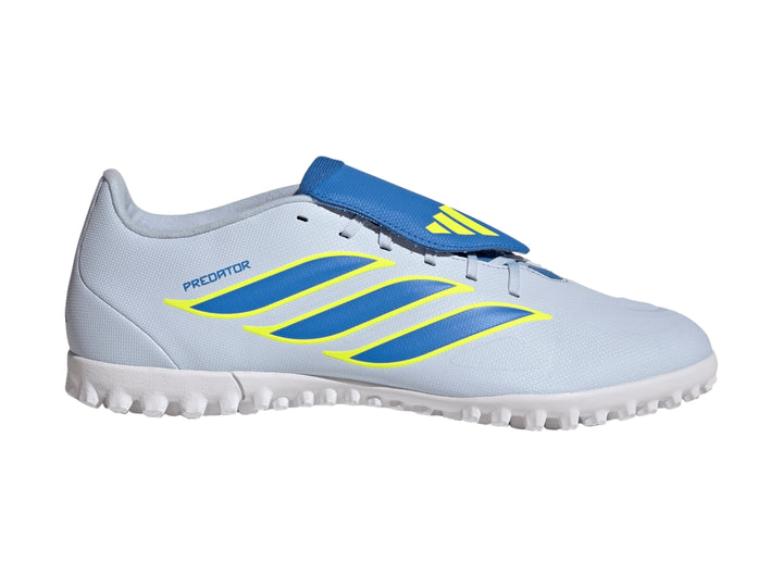 Tenis de fútbol Adidas Predator color gris con detalles azules y amarillos y suela blanca.