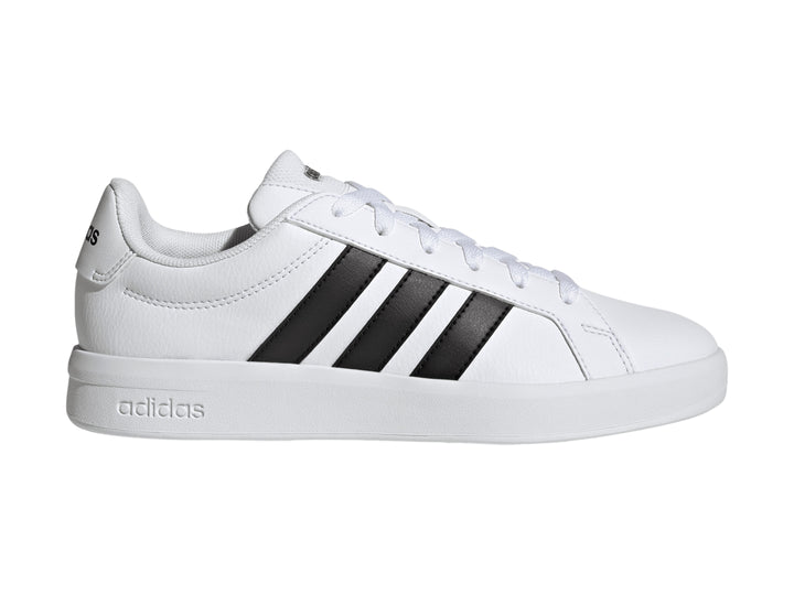 Tenis Adidas Grand Court Base 3.0 blancos con tres franjas negras laterales para mujer.