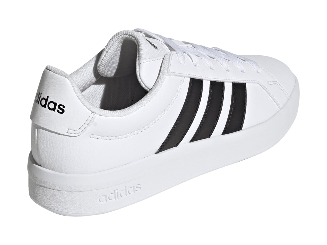 Tenis Adidas Grand Court Base 3.0 blancos con tres franjas negras laterales para mujer.