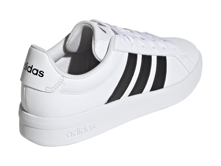 Tenis Adidas Grand Court Base 3.0 blancos con tres franjas negras laterales para mujer.