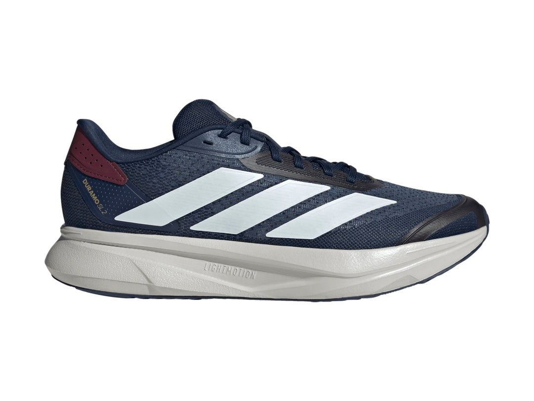 Tenis Adidas Duramo SL 2 color azul índigo con detalles en blanco y burgundy para hombre.