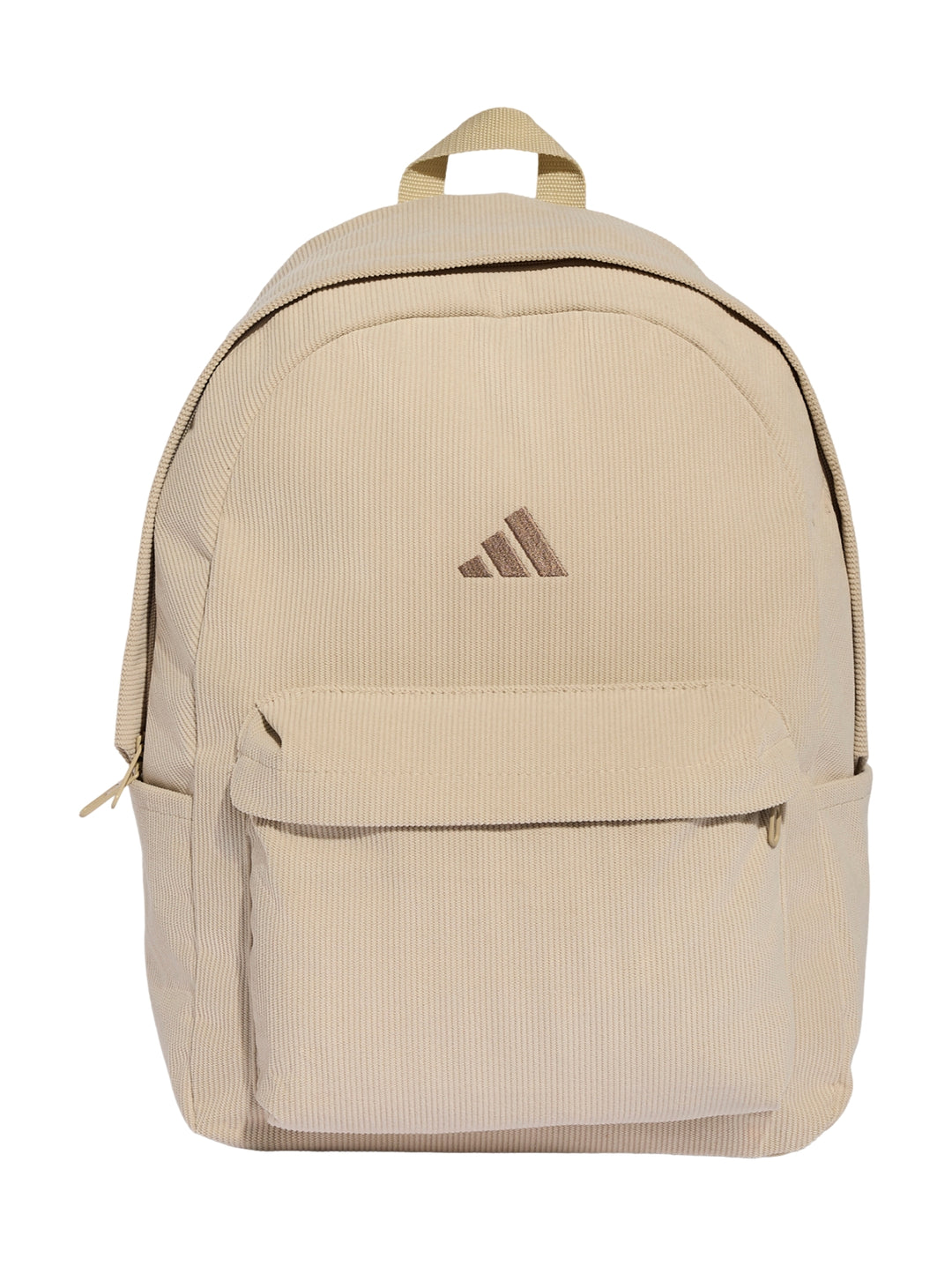 Mochila Adidas color caqui con textura de pana y bolsillo frontal.