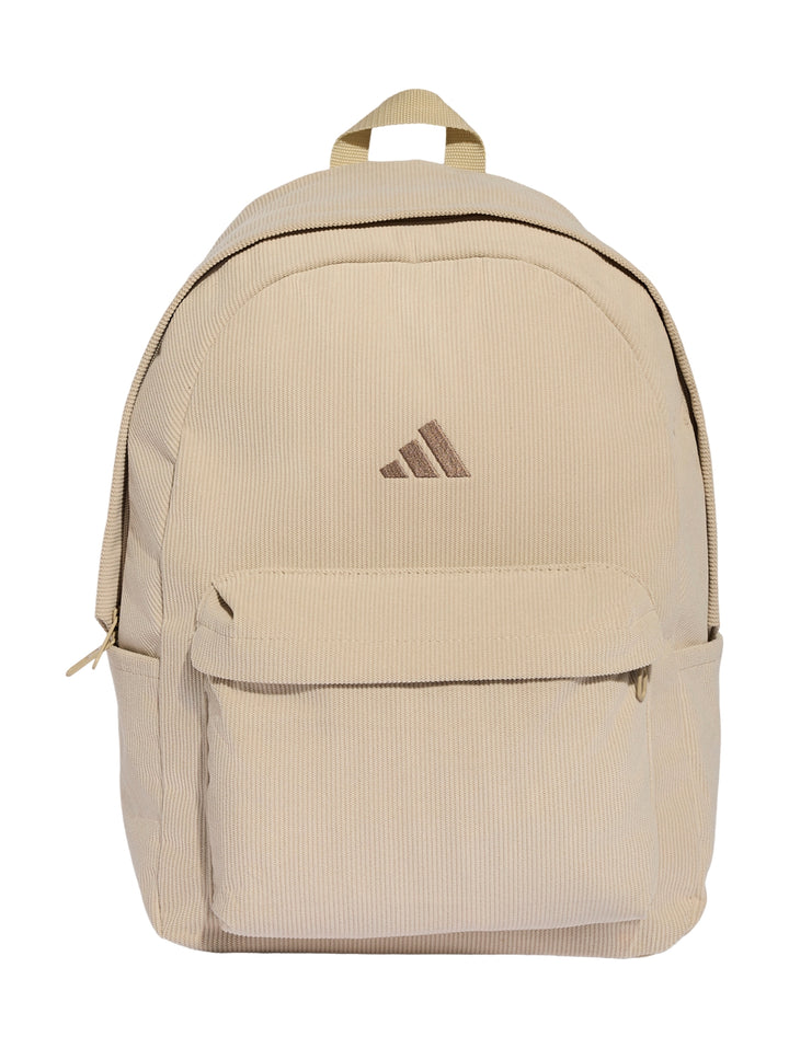 Mochila Adidas color caqui con textura de pana y bolsillo frontal.