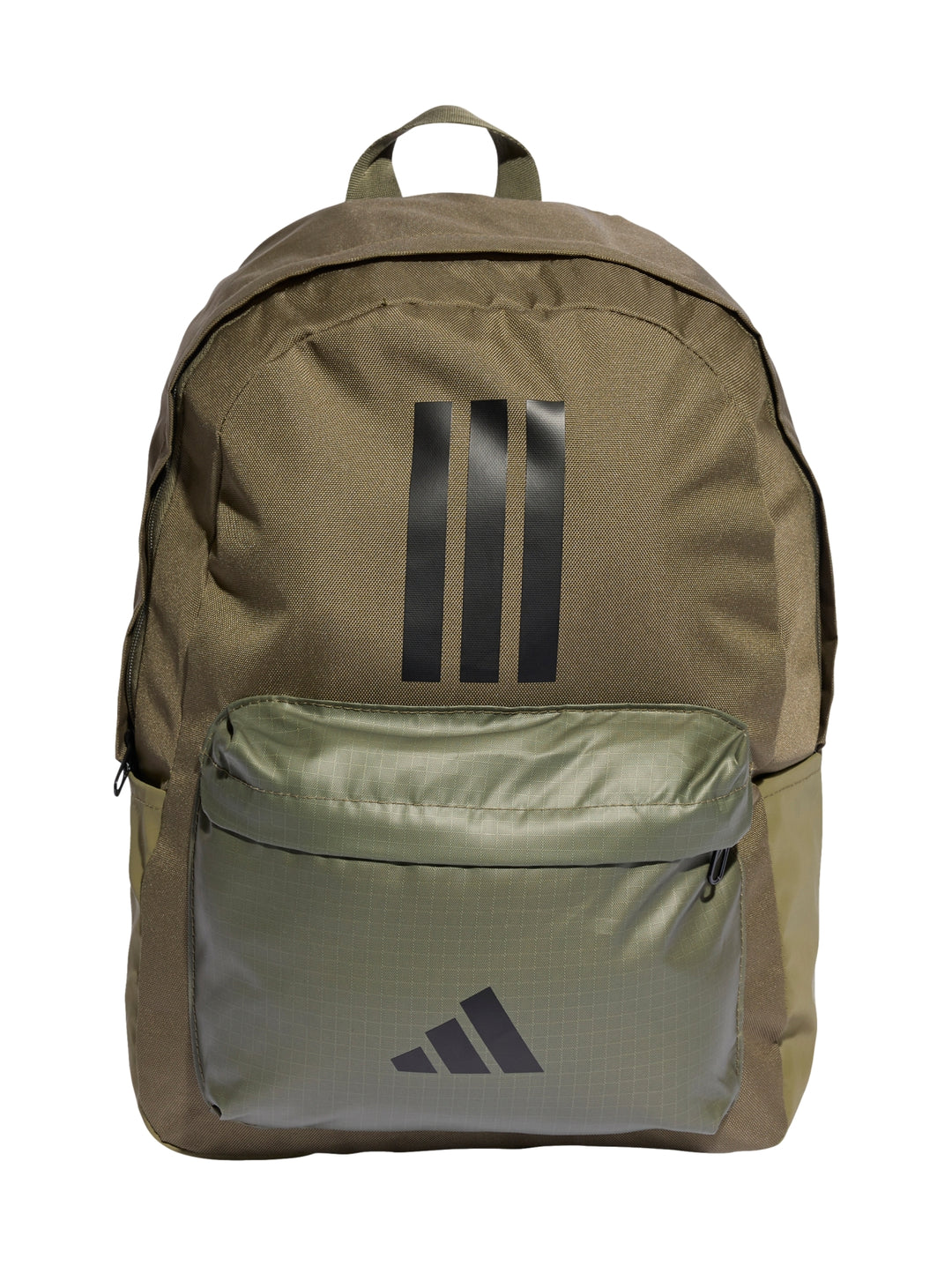 Mochila Adidas color olivo con tres franjas negras verticales y bolsillo frontal.